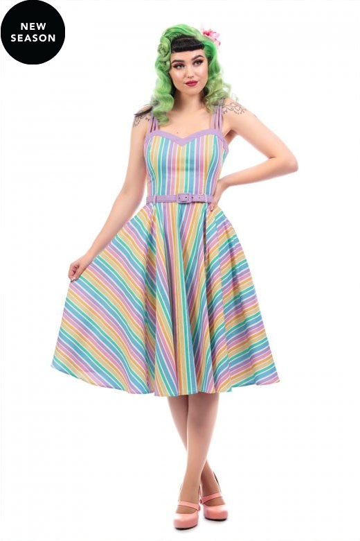 Collectif Mainline Nova Rainbow Stripes Swing Dress